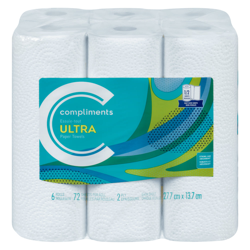 Compliments Ultra Paper Towels, 6 Rolls, 1/2 sheets, 72 per roll