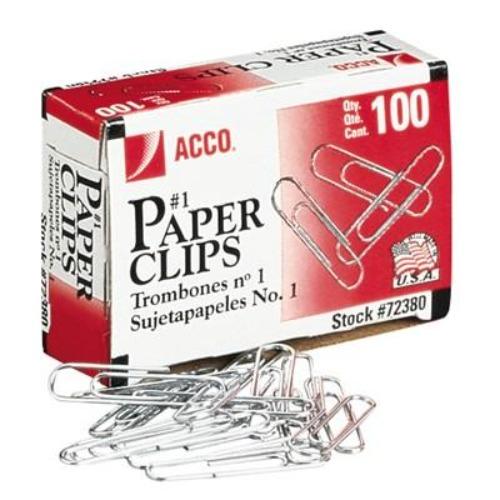 Acco Paper Clips, No.1, Smooth Finish, Silver, 100/BX