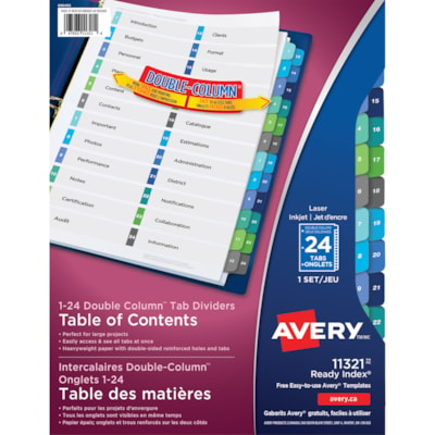 Avery Ready Index Double Column Customizable Table of Contents Dividers, Multi-Coloured, Numbered (1-24), 24 Tabs/ST, 1 Set/PK