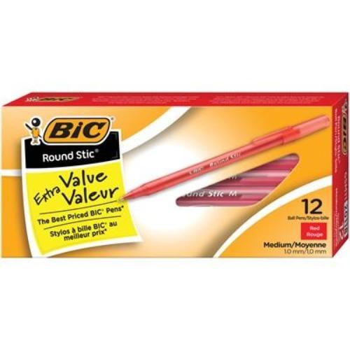 BIC Round Stic Ballpoint Stick Pens, Red, Medium Tip, 12/BX