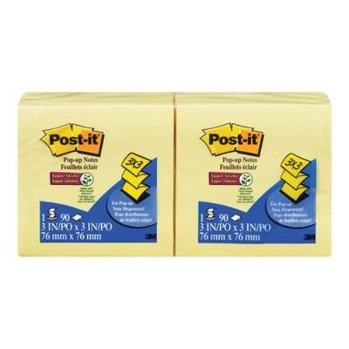 Post-it Super Sticky Pop-Up Notes, Unlined, Canary Yellow, 3" x 3", 90 Sheets/Pad, 6 Pads/PK