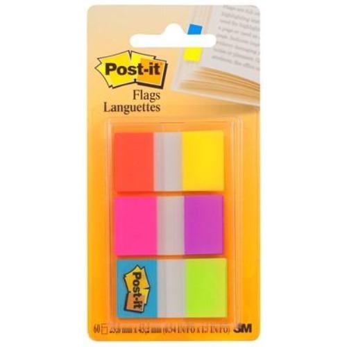 Post-it Standard Flags with On-The-Go Dispenser, Electric Glow, 1" x 1 7/10", 10 Flags/Colour, 6 Colours/PK