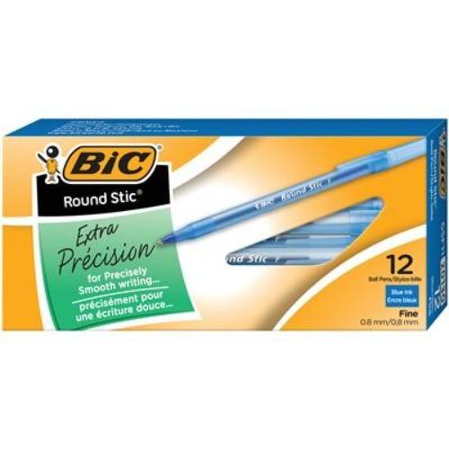 BIC Round Stic Ballpoint Stick Pens, Blue, Fine Tip, 12/BX