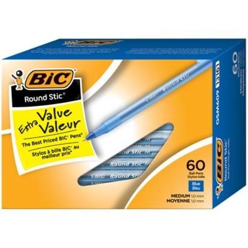 BIC Round Stic Ballpoint Stick Pens, Blue, Medium Tip, 60/BX