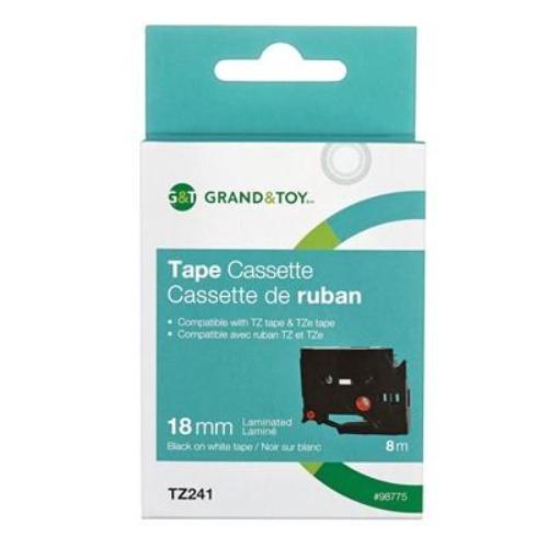 Grand and Toy Sign TZe Black Type On White Label Tape Cassette, 18 mm (3/4") x 8 m