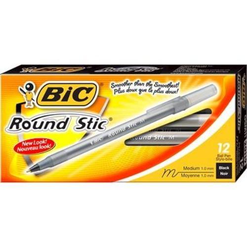 BIC Round Stic Ballpoint Stick Pens, Black, Medium Tip, 12/BX