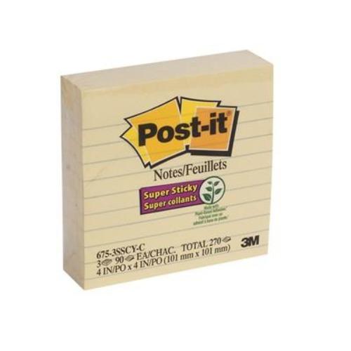 Post-it Super Sticky Notes, Canary Yellow, Lined, 4" x 4", 90 Sheets/Pad, 3 Pads/PK