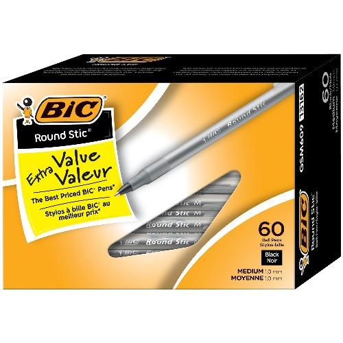 BIC Round Stic Ballpoint Stick Pens, Black, Medium Tip, 60/BX