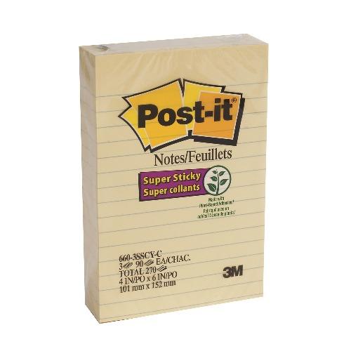 Post-it Super Sticky Notes, Lined, Canary Yellow, 4" x 6", 90 Sheets/Pad, 3 Pads/PK