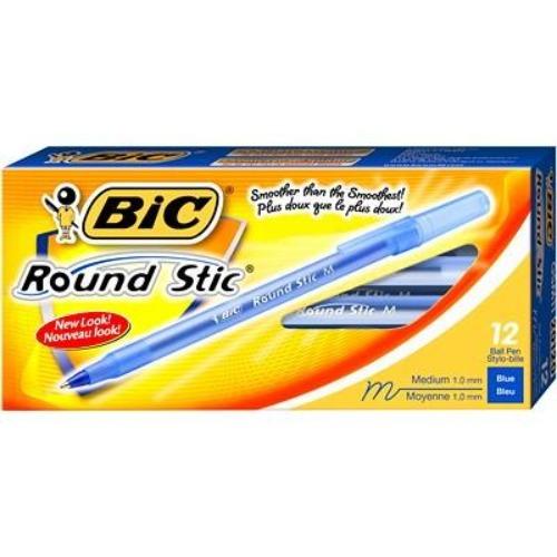 BIC Round Stic Ballpoint Stick Pens, Blue, Medium Tip, 12/Bx