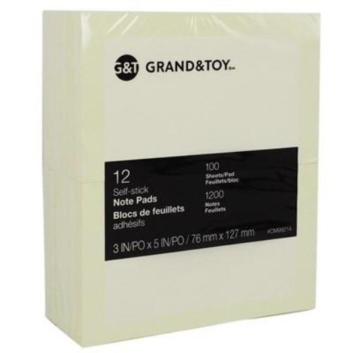 Grand and Toy Self-Stick Notes, Yellow, Unlined, 3" x 5", 100 Sheets/Pad, 12/PK