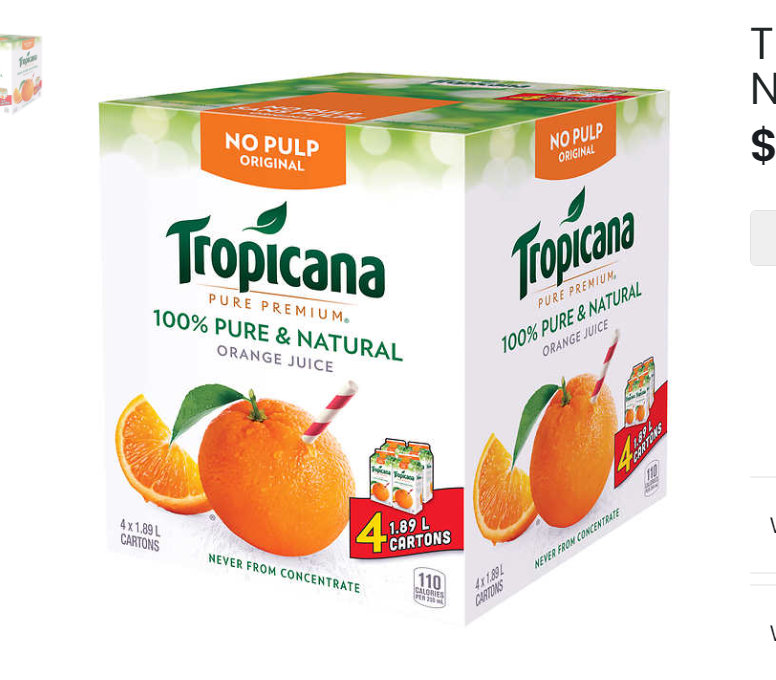 Tropicana Pure Orange Juice No Pulp, 4 x 1.89L