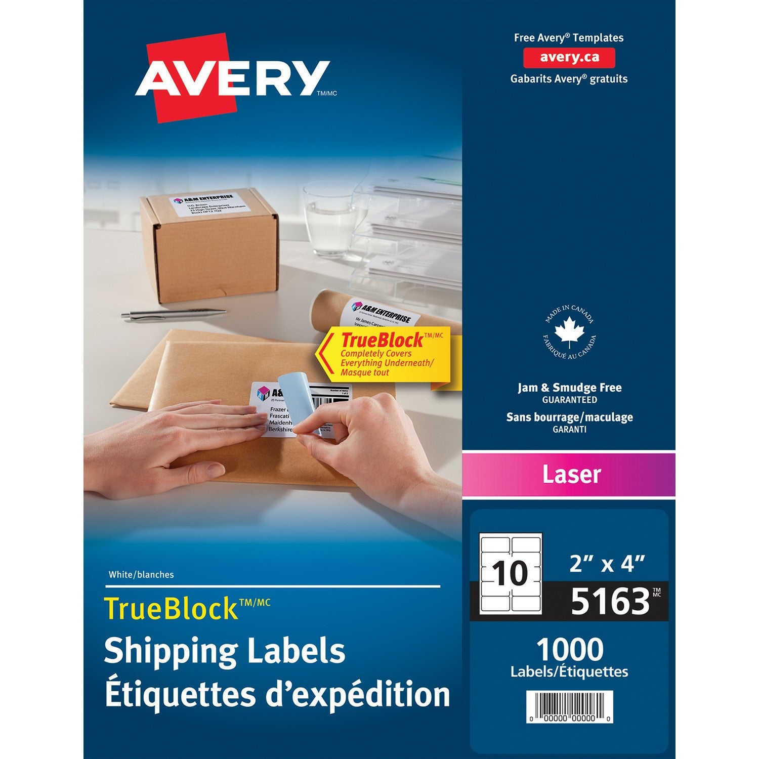 Avery 5163 Shipping Labels with TrueBlock Technology, White, 2" x 4", 10 Labels/Sheet, 100 Sheets/BX