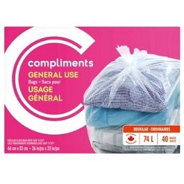 Compliments Clear General Use Bags, 74L, 40 bags