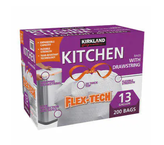 Kirkland Flex-Tech Kitchen Bags w Drawstring Fresh Scent 13 Gal, 200 Bags